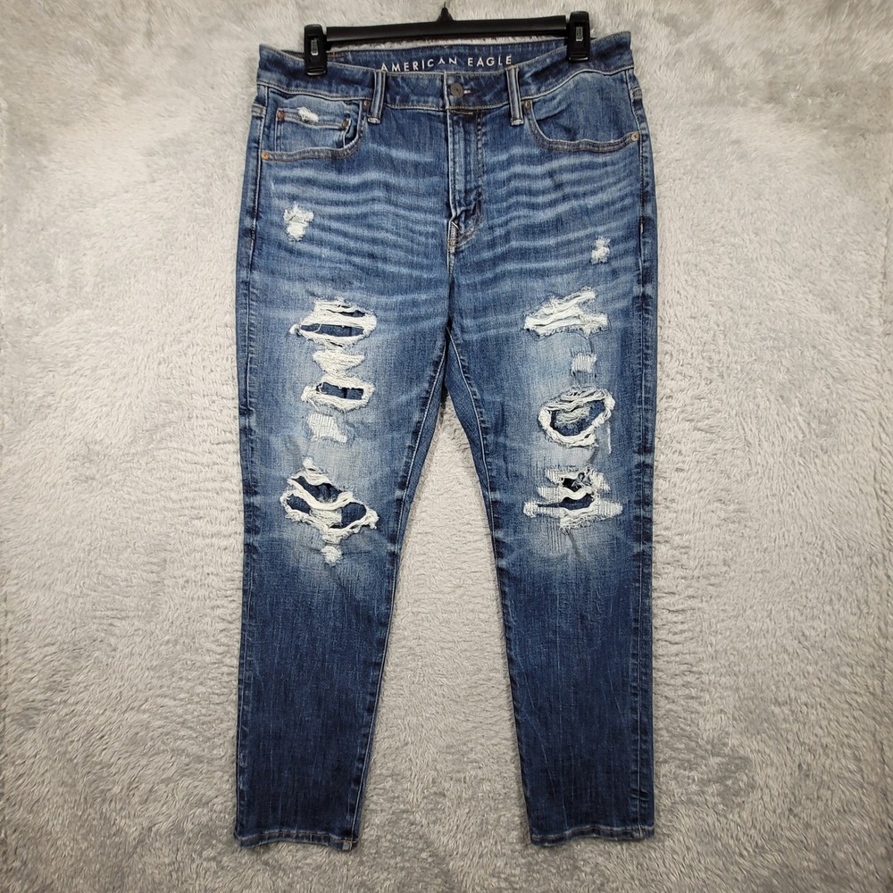 American Eagle Slim Jeans Mens 32x28 Blue AirFlex+ Temp Tech Distressed Ripped